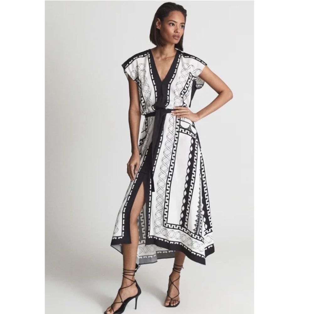 REISS HAYLEY MONO PRINTED MIDI DRESS
